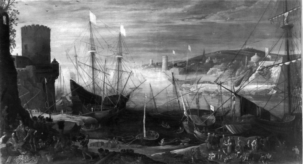 marina con una nave allo scalo (dipinto) - ambito fiammingo (prima met&agrave; s